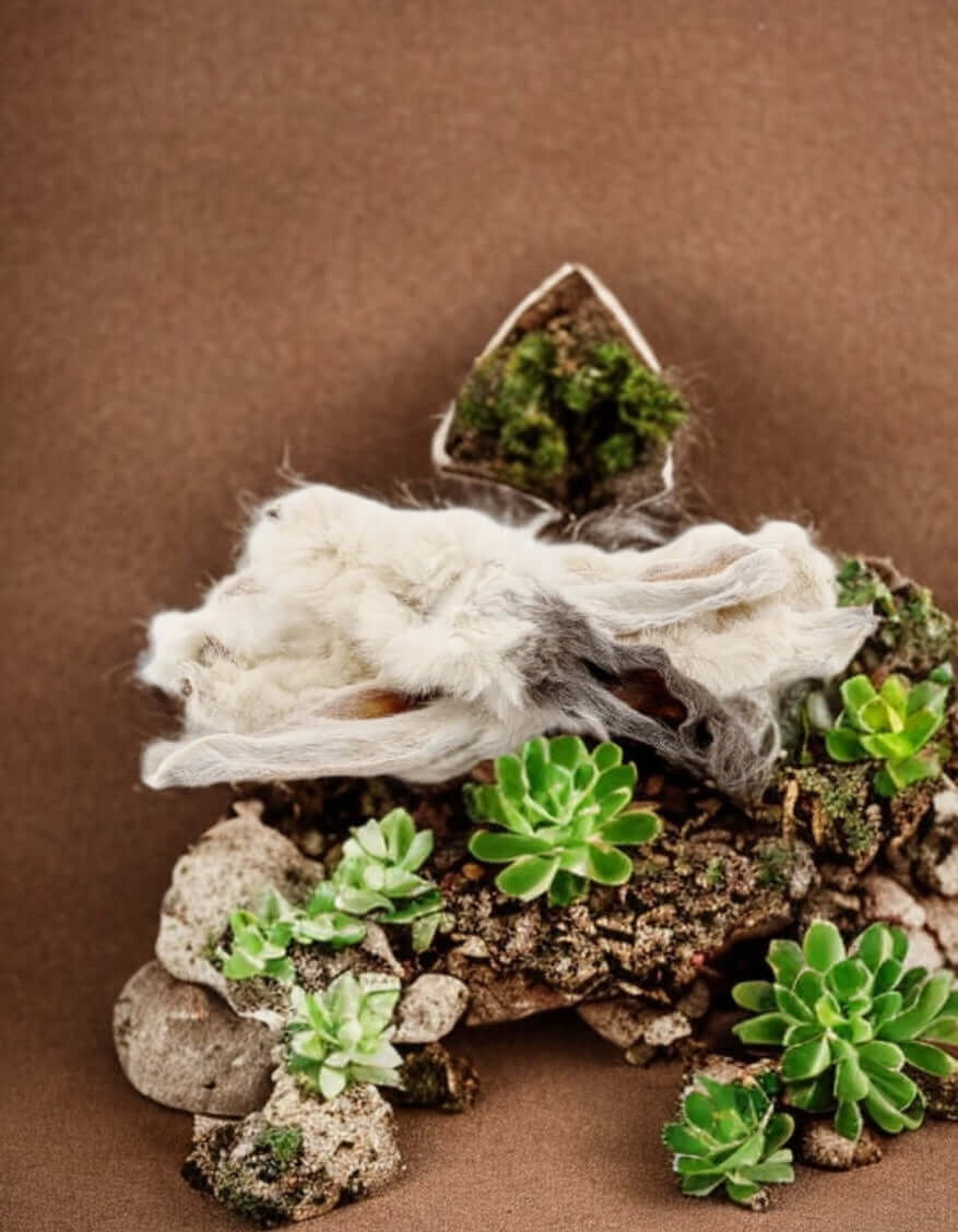 Moss and green succulents arranged on textured rocks against a brown background with furry rabbit ears