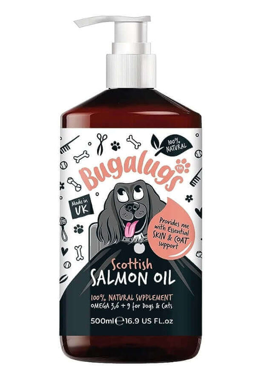 Bugalugs Scottish Salmon Oil supplement for dogs and cats, 500ml bottle with Omega 3, 6, and 9 for essential skin and coat support.