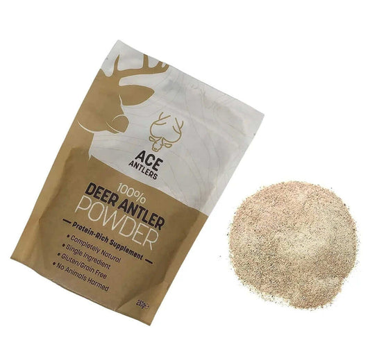 100% deer antler powder supplement packet and powder pile, gluten-free, natural, eco-friendly, and safe for animals health supplement