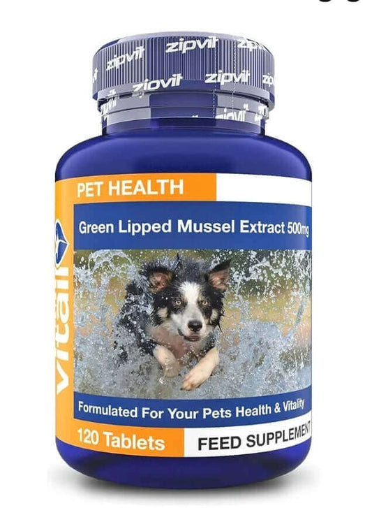 Green Lipped Mussel Extract 500mg feed supplement for pet health and vitality, 120 tablets, with an image of a dog in water on the label.