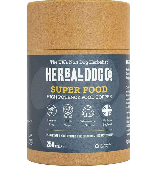 Herbal Dog Co. Super Food high potency food topper for dogs, 250ml, cruelty-free, 100% vegan, natural ingredients, made in England.