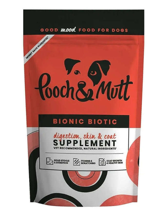 Pooch & Mutt Bionic Biotic supplement for dogs, supports digestion, skin, and coat health, vet recommended, natural ingredients.