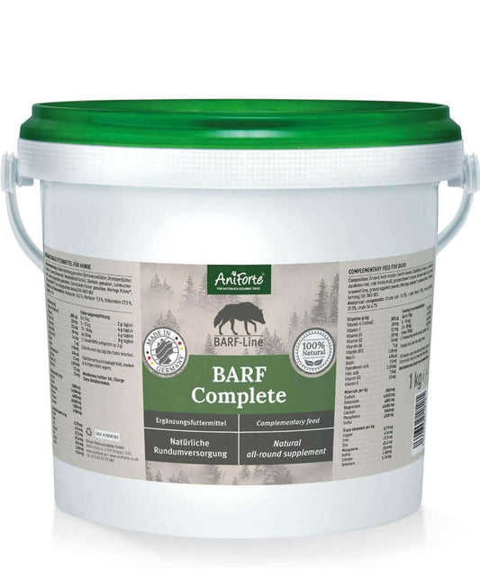 Natural all-round supplement BARF Complete container with green lid and product details.