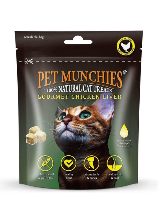 Pet Munchies 100% natural cat treats with gourmet chicken liver for a healthy heart, strong teeth and bones, and a shiny coat.