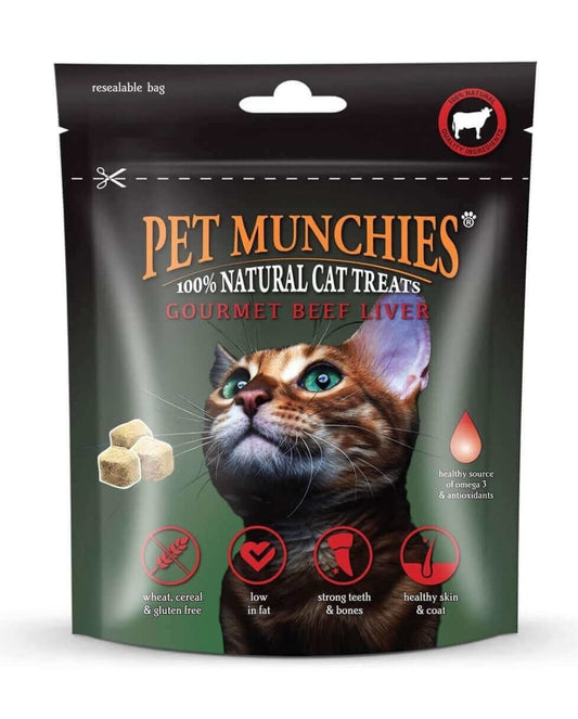 "Pet Munchies Natural Cat Treats Gourmet Beef Liver, wheat, and gluten-free, low fat, promotes strong teeth, bones, and healthy skin and coat"