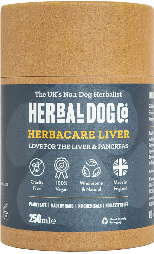 Herbal Dog Co. Herbacare Liver supplement for dogs, 250ml, vegan, cruelty-free, made in England for liver and pancreas health.