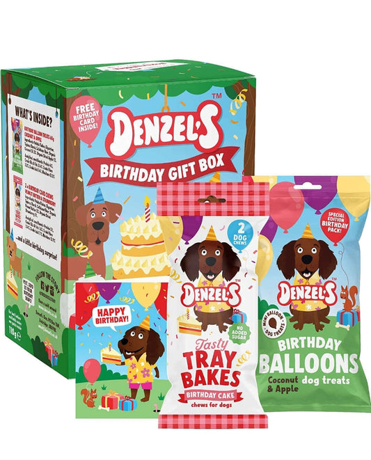 Denzel's Birthday Gift Box for dogs featuring Tasty Tray Bakes and Birthday Balloons treats in vibrant packaging.