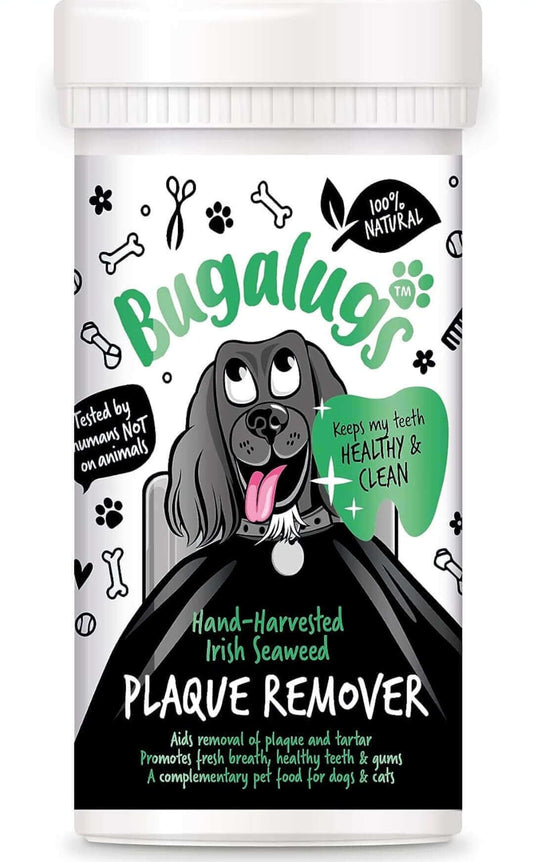 A container of Bugalugs Plaque Remover for pets with an illustration of a happy dog.